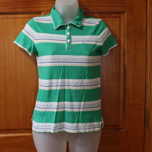 Vintage Y2K Hollister Green & White Stripe Baby Polo Shirt Medium - Picture 9 of 16